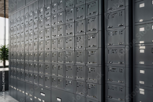 Front view of rows of numbered grey mailbox with keys in modern design build. Storing personal items and information in mailboxes indoors. Security and safety backgrounds concept. Copy ad text space