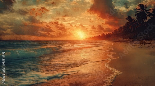 Coastal Sunset Serenity - Golden Skies Reflecting Off Calm Sea at Beach with Sand Dunes.