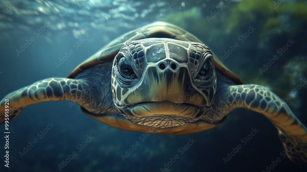 Obraz premium Close-up of a Sea Turtle Swimming Underwater