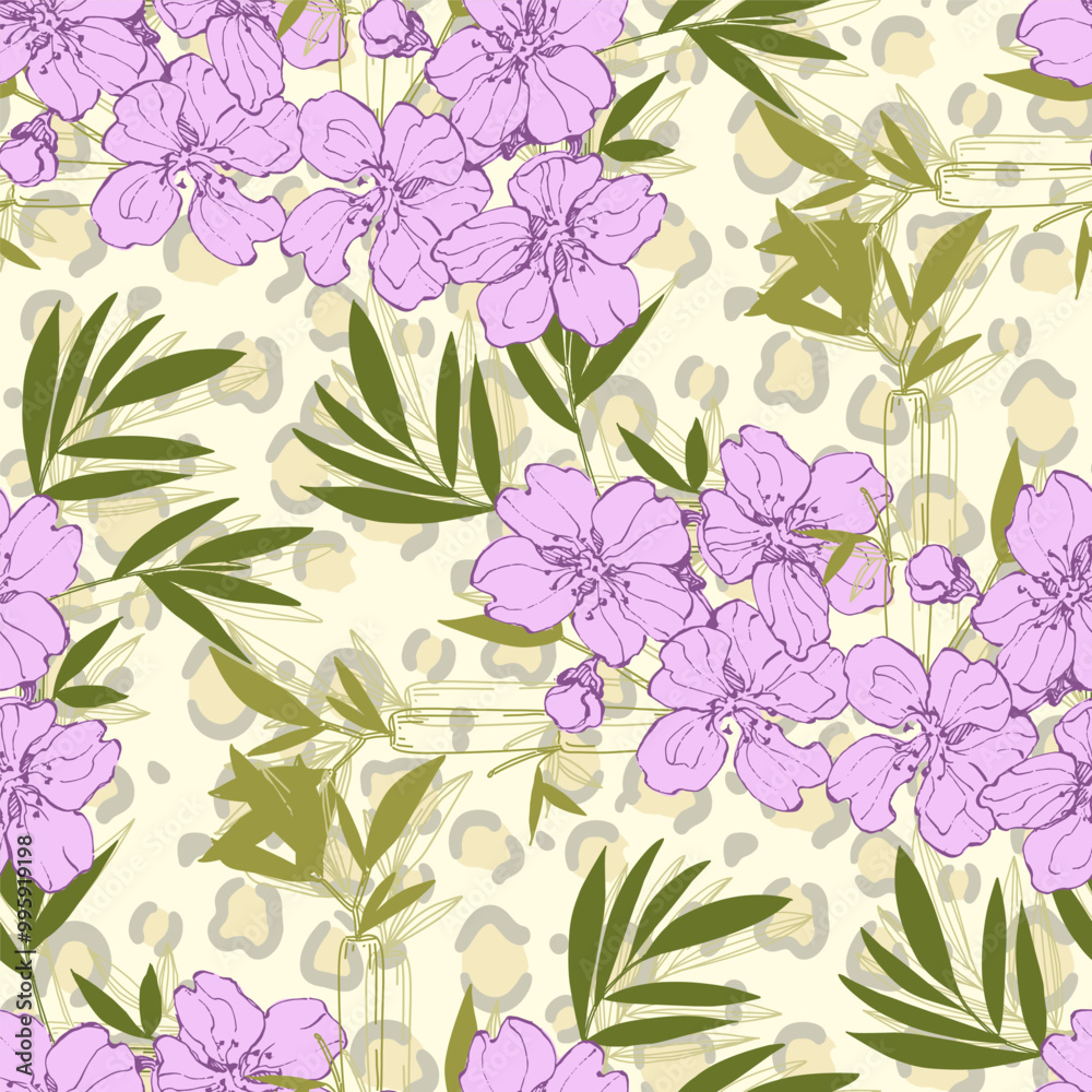 Seamless Pattern with bamboo and sakura. Color sketch style hand drawn background. Detailed illustration, hand drawn. Great for fabric and textile, prints, invitation, packaging Seamless Pattern with bamboo and sakura. Color sketch style hand drawn background. Detailed illustration, hand drawn. Great for fabric and textile, prints, invitation, packaging