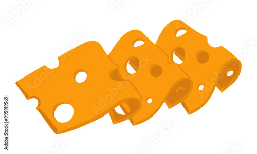 Slices of yellow cheese in a group, flat. Square slices cheese with holes, insulated slice of Swiss cheese with holes, dairy products breakfast, modern vector illustration of cheese with slices white