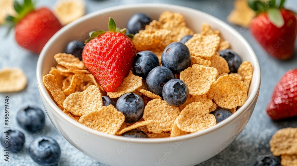 Bowl of Healthy Breakfast Cereal with Fresh Blueberries and Strawberries on Blue Background Bowl of Healthy Breakfast Cereal with Fresh Blueberries and Strawberries on Blue Background