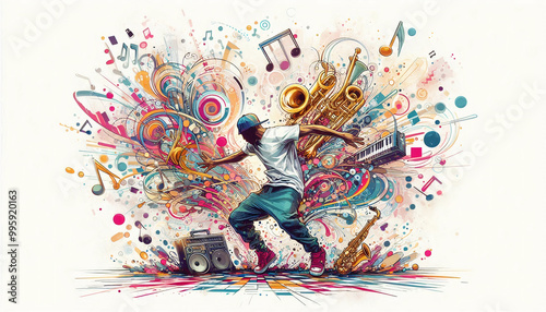 A vivid illustration of a street dancer surrounded by musical notes and instruments, representing the energy and rhythm of dance and music culture