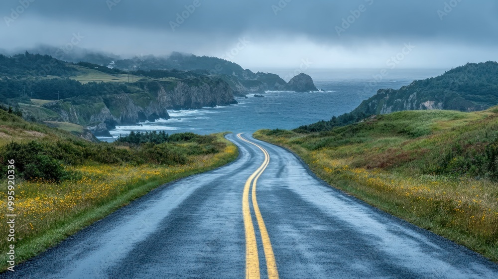 Naklejka premium Winding coastal road with ocean views under a cloudy sky.