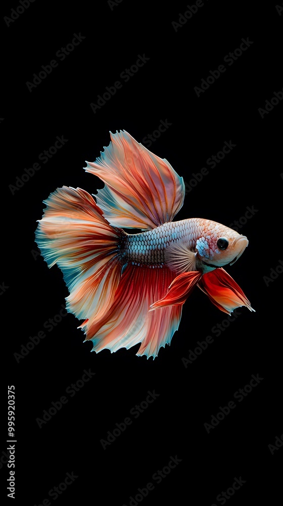 Beautiful, colorful betta fish on a black background, with dynamic movement Beautiful, colorful betta fish on a black background, with dynamic movement
