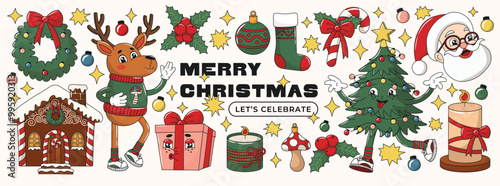 Christmas holiday decorative elements collection. Retro groovy winter items set. Garland, candy, candles, toys and wreath, holly branch, deer and tree character. Editable stroke.