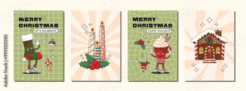 New Year Winter poster set with sock and cup of coffee retro groovy characters, holly branch, tree toys, candles. Merry Christmas greeting card collection. Vector illustration, editable stroke.