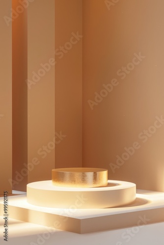 Elegant Minimalist Golden Interior with Illuminated Platform and Drapery