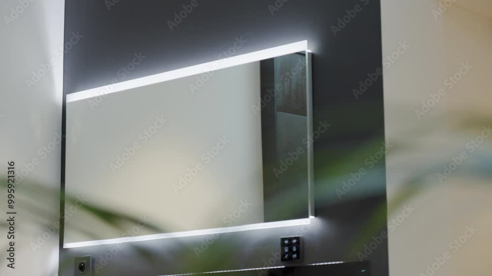 Mirror with led lights hanging on wall in modern house. Mirror with led lights hanging on wall in modern house.