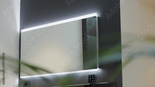 Mirror with led lights hanging on wall in modern house. photo