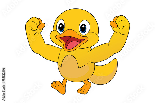 Excited Duck Jumping in the Air While Flexing, Playful Vector Illustration