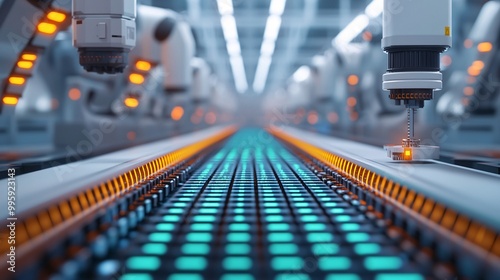 A futuristic factory floor lined with robotic arms assembling products on a vibrant, illuminated conveyor belt.