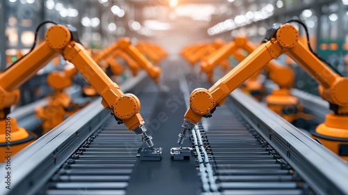 The image showcases an industrial setting with multiple robotic arms working on a conveyor belt, highlighting automation and advanced manufacturing.