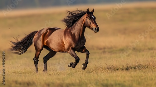 32. A wild horse galloping across an open field, mane flowing in the wind