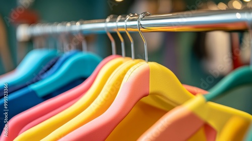 A row of colorful padded hangers on a rod, displayed in a boutique-style vintage shop.