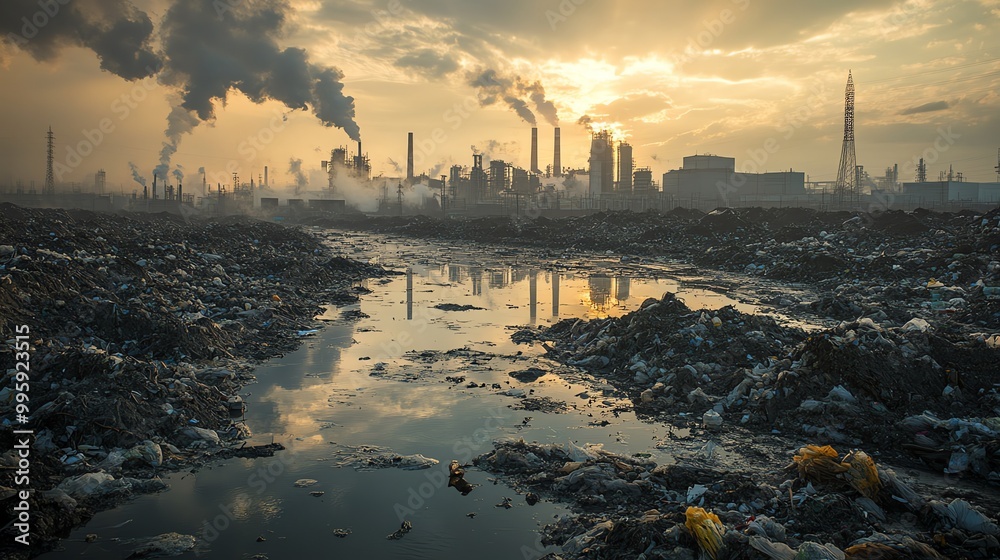 Obraz premium Industrial area surrounded by mounds of waste, factories in the background, pollution and industrial negligence