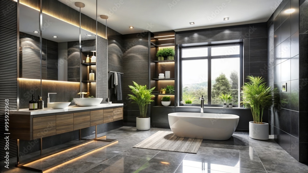Fototapeta premium Interior of a modern bathroom featuring a bathtub and large windows overlooking a green landscape