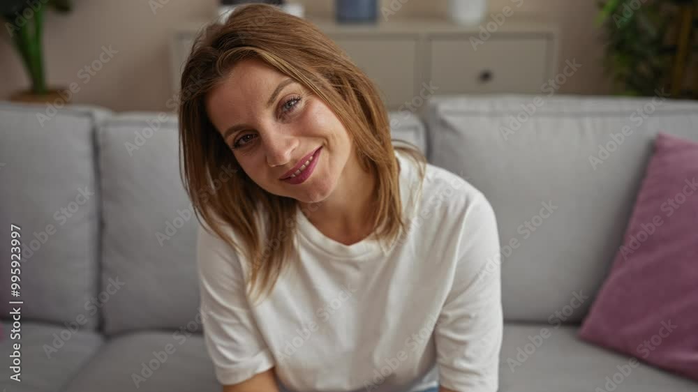 A beautiful young caucasian woman sits on a couch in a cozy living room at home, smiling attractively at the camera while wearing a white shirt. A beautiful young caucasian woman sits on a couch in a cozy living room at home, smiling attractively at the camera while wearing a white shirt.