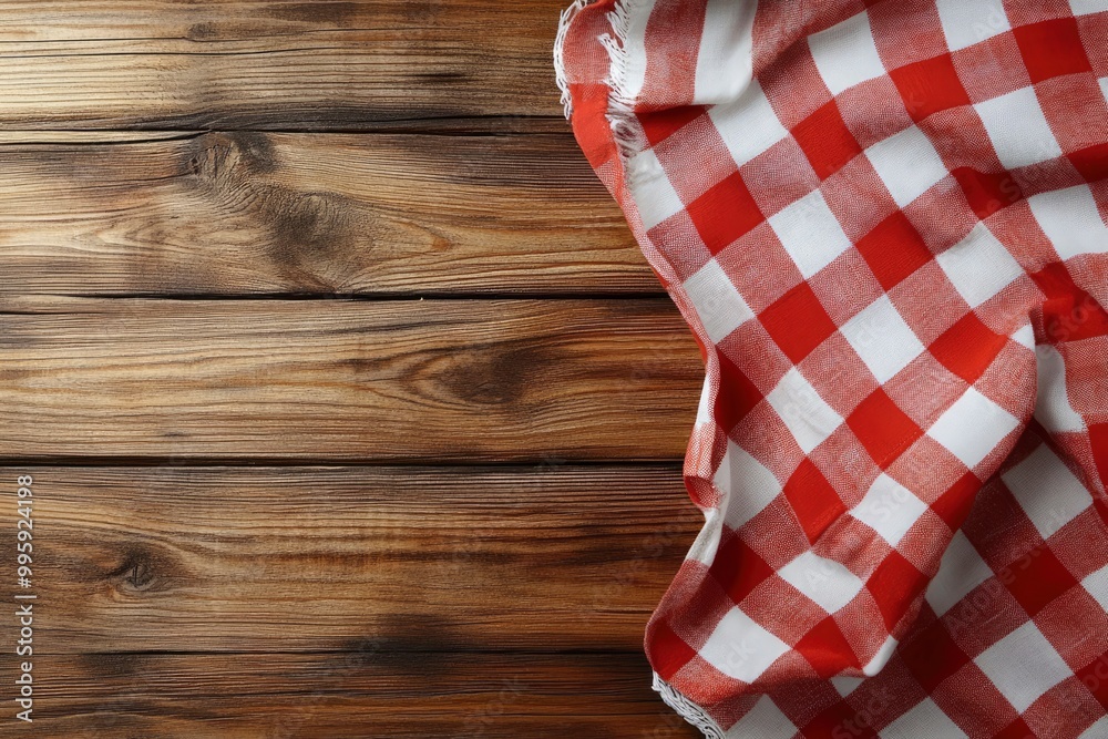 checked tablecloth at wooden background with generative ai