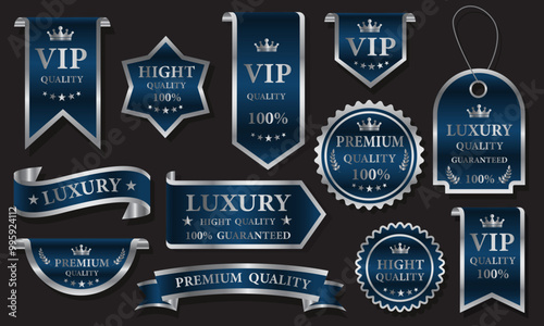 Blue silver luxury premium quality label badges on grey background vector