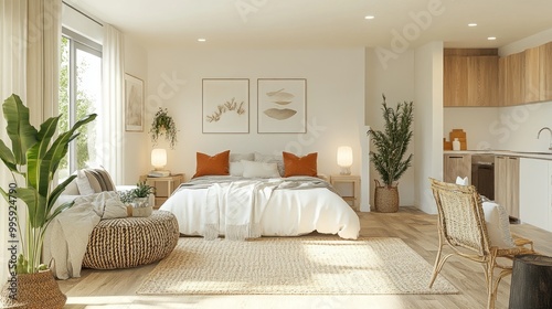 Bright studio apartment with a modern living space, featuring compact furniture, stylish decor, and natural accents.