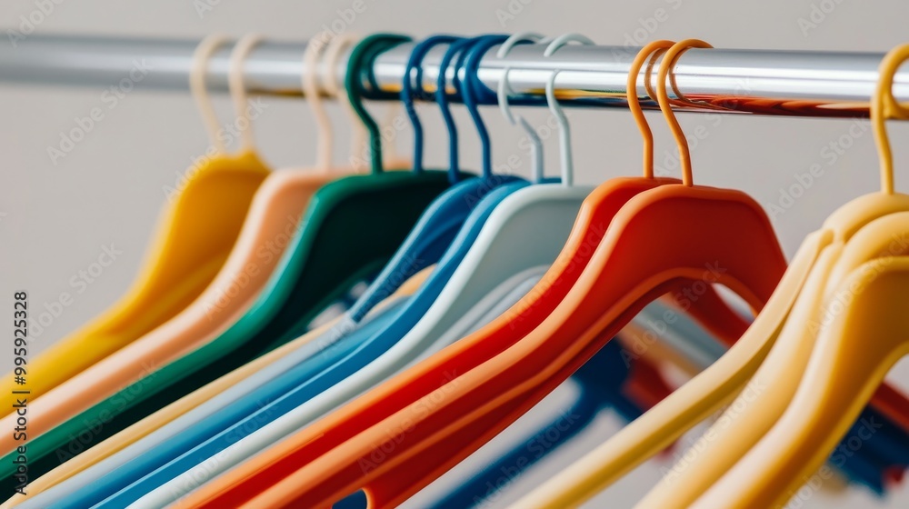 Colorful plastic hangers neatly aligned on a metal rod inside a minimalist closet. Colorful plastic hangers neatly aligned on a metal rod inside a minimalist closet.