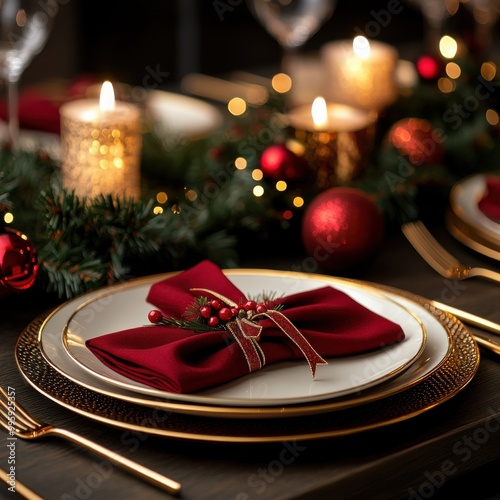 Cozy Christmas Dinner Setting with Red Tablecloth and Gold Accents