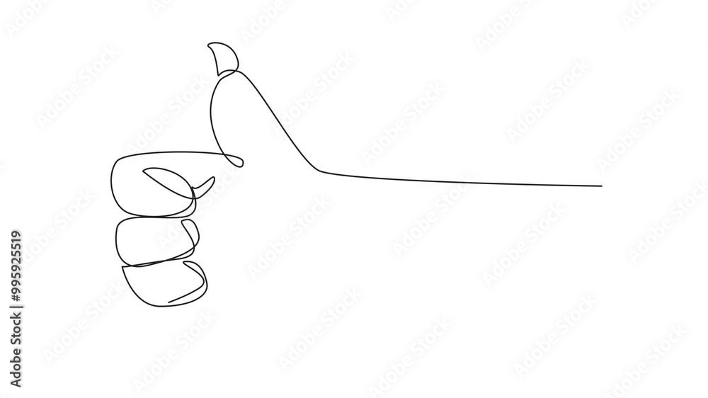 Animated self drawing of continuous one line drawing sharp-clawed cat's hand forms a thumbs up gesture. Fun gestures from pet cats. Imitation of human behavior. Full length single line animation