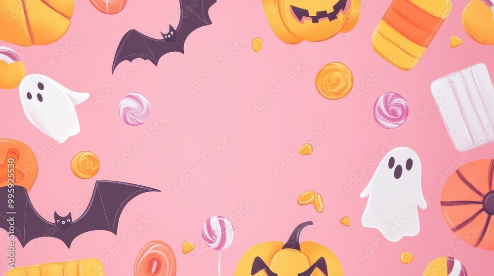 A pastel Halloween background with candy illustrations, bats, and ghosts, creating a fun and festive design with ample room for text. A pastel Halloween background with candy illustrations, bats, and ghosts, creating a fun and festive design with ample room for text.