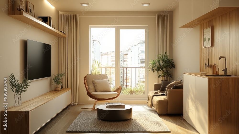 Fototapeta premium Compact and functional living space in a studio apartment, featuring a cozy chair, coffee table, and minimalist decor