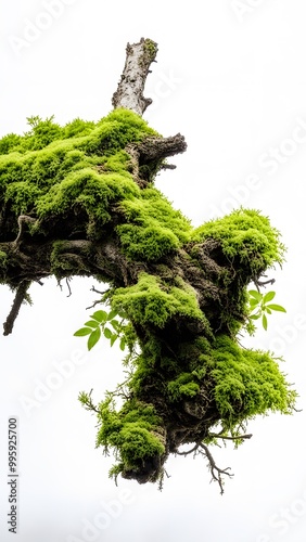 Rotten Wooden Branch Covered with Green Moss Isolated on White Background photo