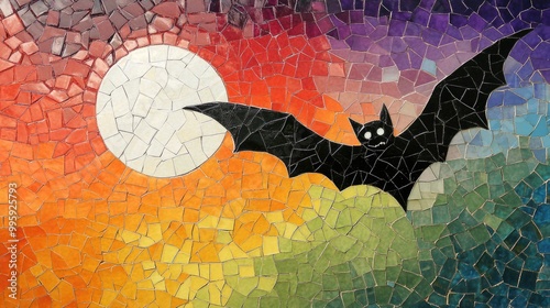 A rainbow and white mosaic arranged to depict a Halloween bat flying under the full moon, merging eerie and bright tones. photo