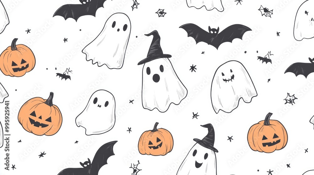 A seamless pattern with adorable hand-drawn ghosts, pumpkins, bats, and witches' hats, radiating Halloween cheer in a fun, simple doodle style. A seamless pattern with adorable hand-drawn ghosts, pumpkins, bats, and witches' hats, radiating Halloween cheer in a fun, simple doodle style.