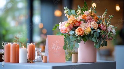 Vintage Event Table with Floral Arrangement, Candles, Books, and Greenery photo