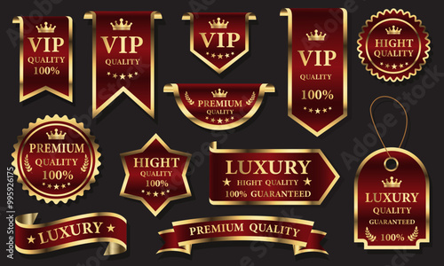 Red golden luxury premium quality label badges on grey background vector