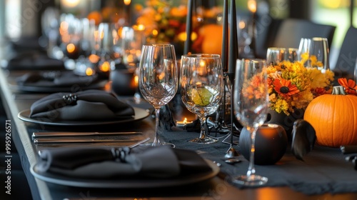 Elegant Halloween table setting with black and orange accents, candles, and sophisticated decor for a chic celebration