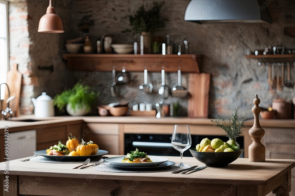 Chic Table Setting in Soft Focus Rustic Kitchen Ambiance Chic Table Setting in Soft Focus Rustic Kitchen Ambiance