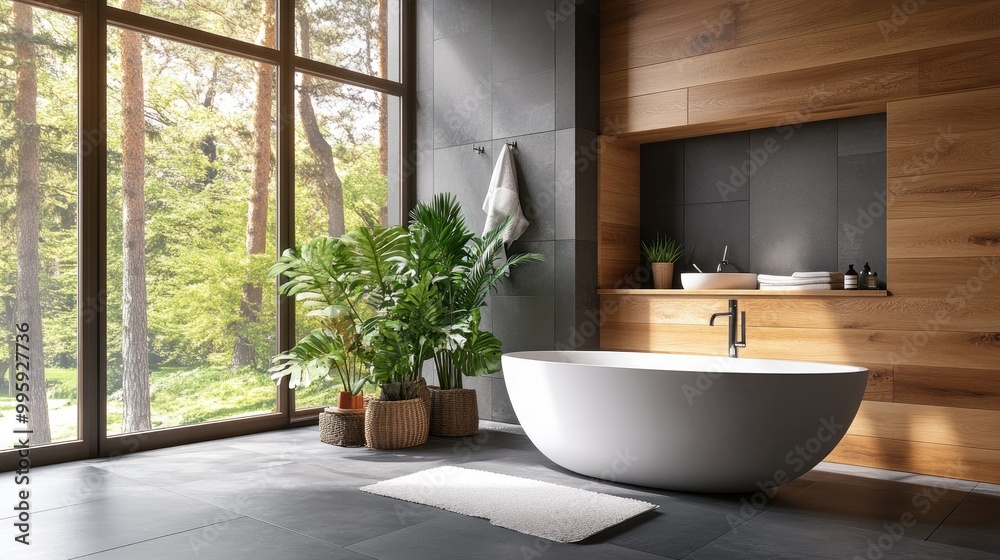 Fototapeta premium A luxurious bathroom with a combination of gray tile floors and oak paneling, paired with sleek white fixtures for a spa-like experience