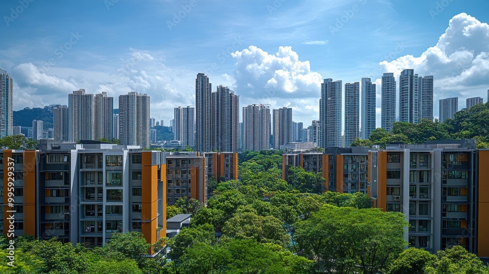 Urban Oasis: Lush Green Surrounds Modern Residential Buildings in Serene Daytime Setting. Urban Oasis: Lush Green Surrounds Modern Residential Buildings in Serene Daytime Setting.