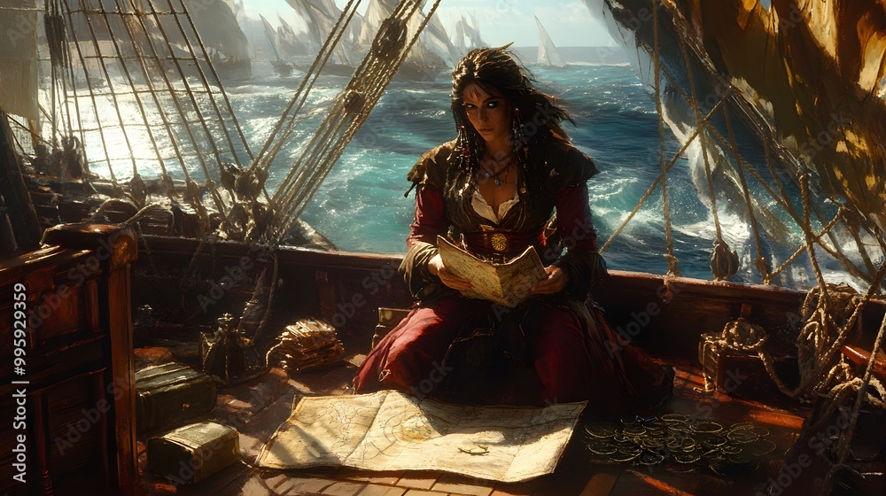 Fototapeta premium 22. A fierce pirate captain on the deck of a ship, maps and treasure around her