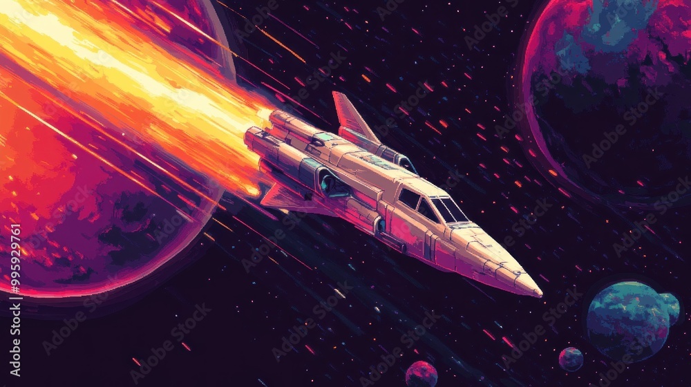 Spaceship Flying Past Planets With Bright Trails Spaceship Flying Past Planets With Bright Trails