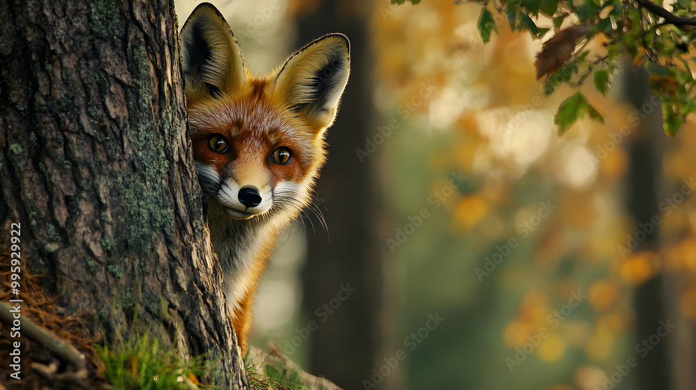Curious fox peeking out from behind a tree in the forest Curious fox peeking out from behind a tree in the forest