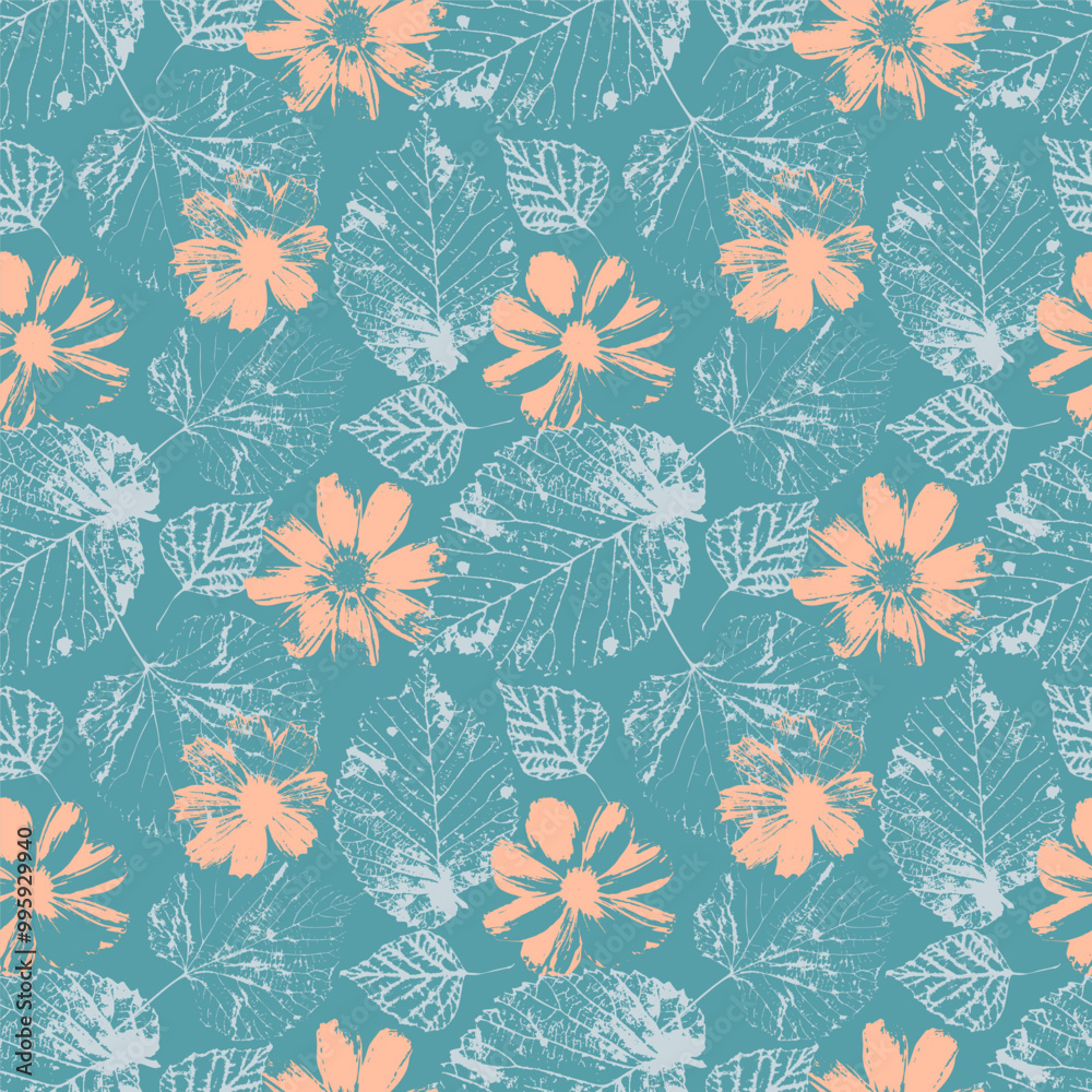 Seamless pattern with tree leaves and cosmos flowers stamps. Nature grunge background. Floral inky repeat design.