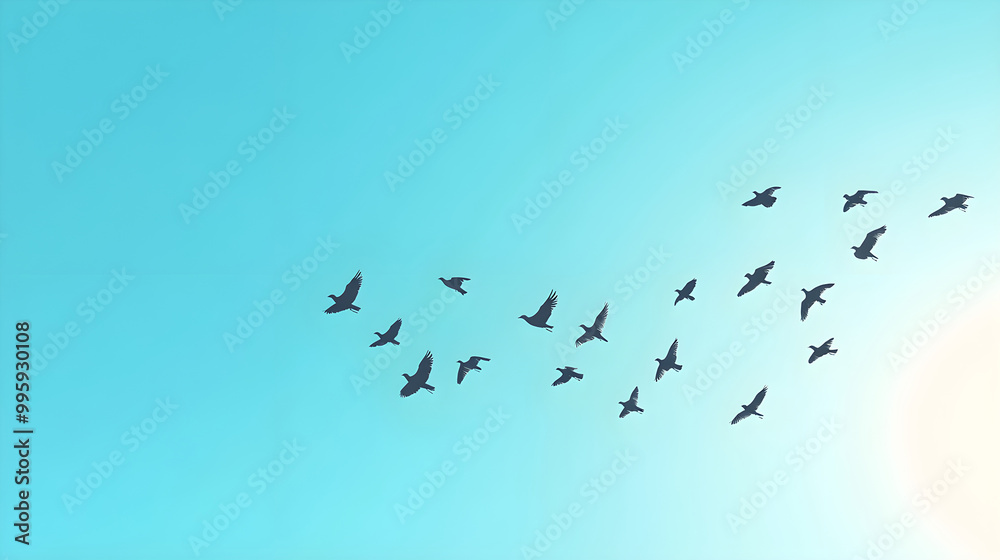 Flock of birds migrating across a clear blue sky Flock of birds migrating across a clear blue sky