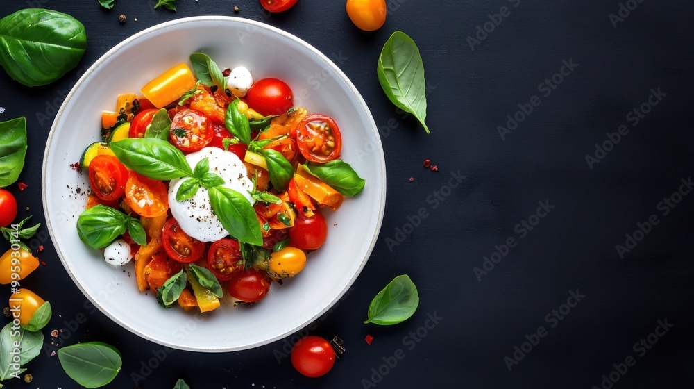 Vibrant Salad Close-Up in a Bowl on Dark Surface. Vibrant Salad Close-Up in a Bowl on Dark Surface.
