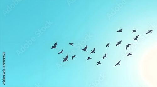 Flock of birds migrating across a clear blue sky
