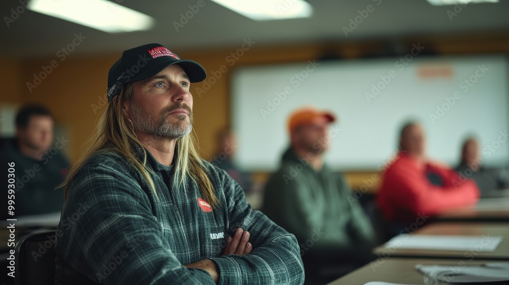 Man Seated in Class with Casual Attire Observing Instructor Not Shown. Man Seated in Class with Casual Attire Observing Instructor Not Shown.