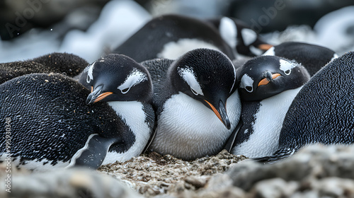 Group of penguins huddling together in the Antarctic cold