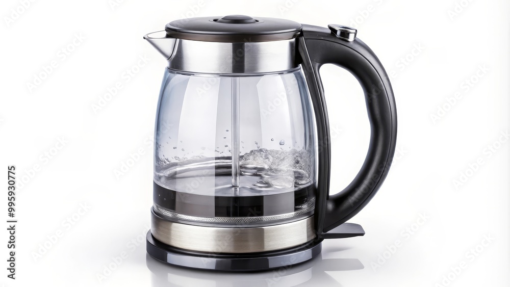 Modern electric kettle with a transparent glass body is standing on a white background Modern electric kettle with a transparent glass body is standing on a white background