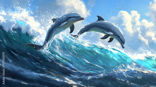 Playful dolphins jumping through the ocean waves